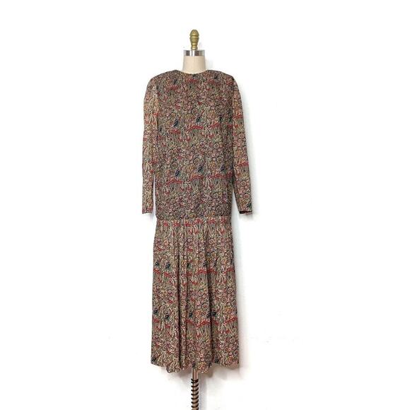 VINTAGE 60s/70s Patty O'Neil Floral Embroidered Long Sleeve Drop Waist Dress S/M - Picture 7 of 11